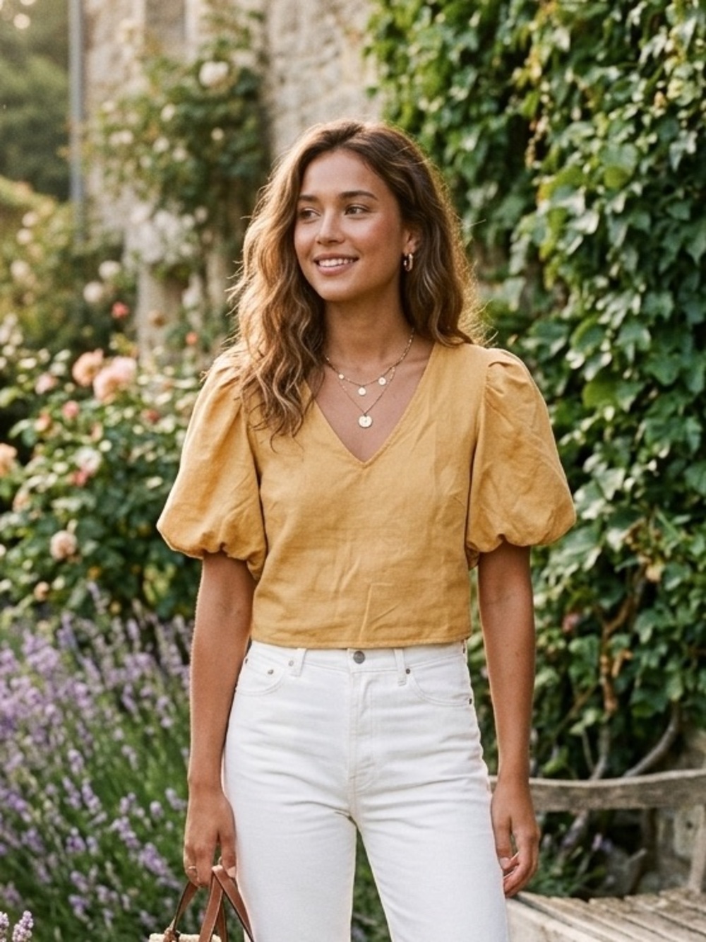 Promesa Mustard Yellow Puff Sleeve Crop Top Size M